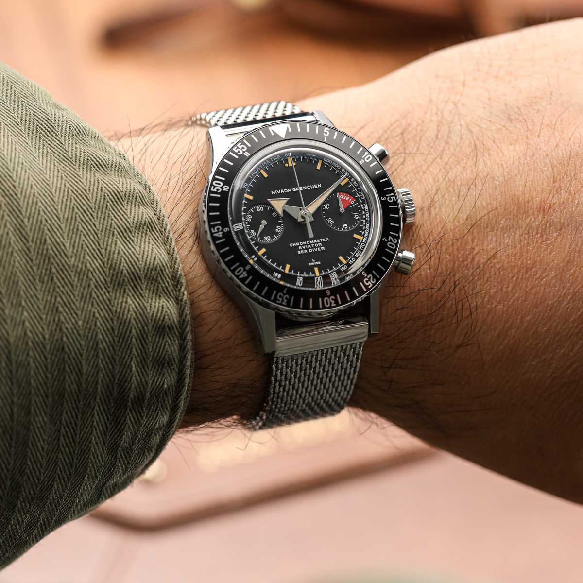 Milano Luxe Milanese Mesh Stainless Steel Watch Strap on Nivada Grenchen Chronomaster