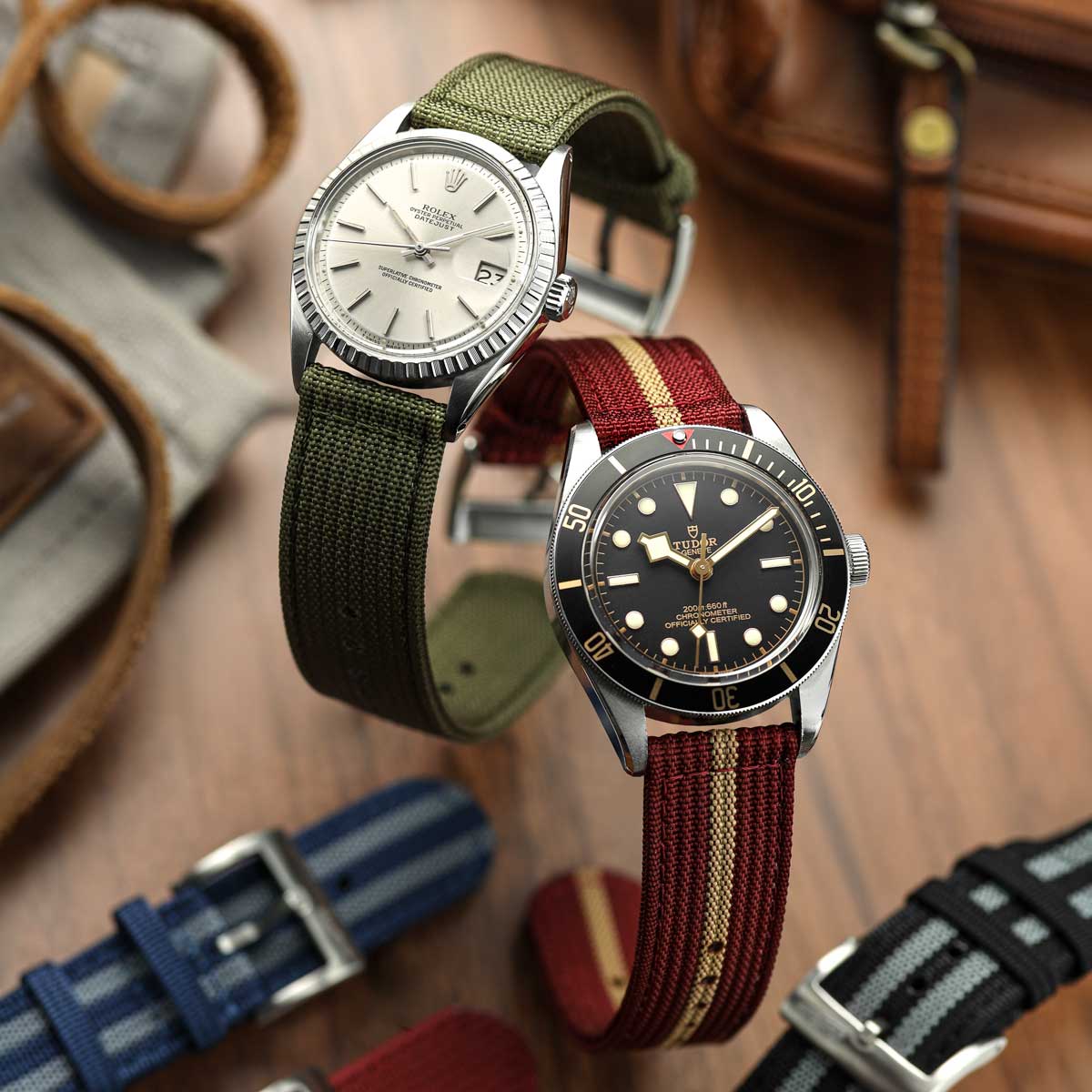RidgeFlex Two-Piece Military Nylon Watch Strap - Burgundy / Beige