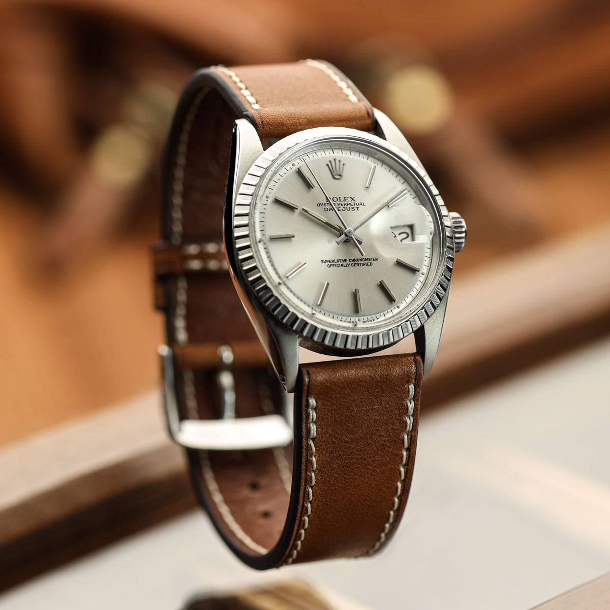 Camden Handmade and Handstitched French Leather Watch Strap - Cognac / White Stitching