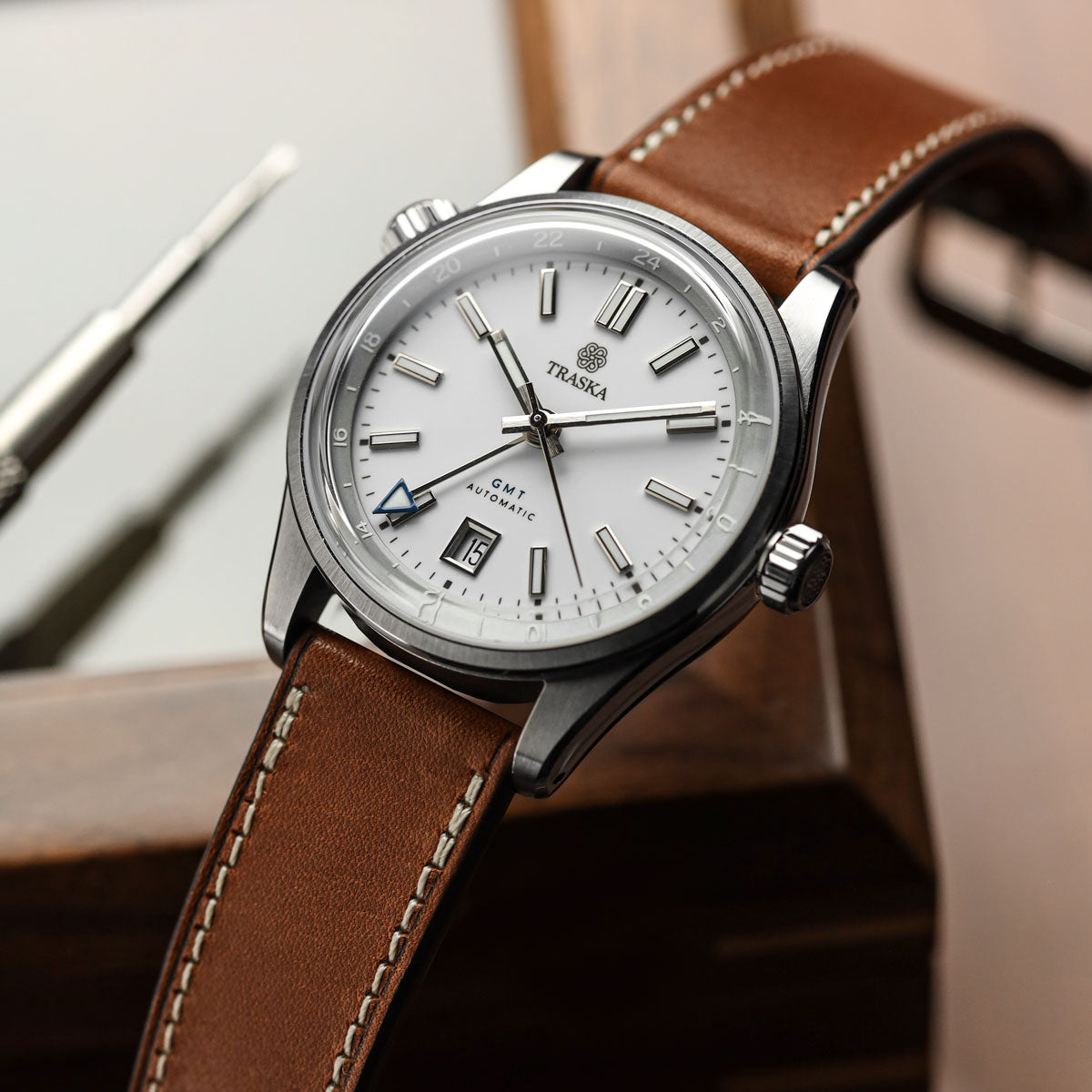 Camden Handmade and Handstitched French Leather Watch Strap - Cognac / White Stitching