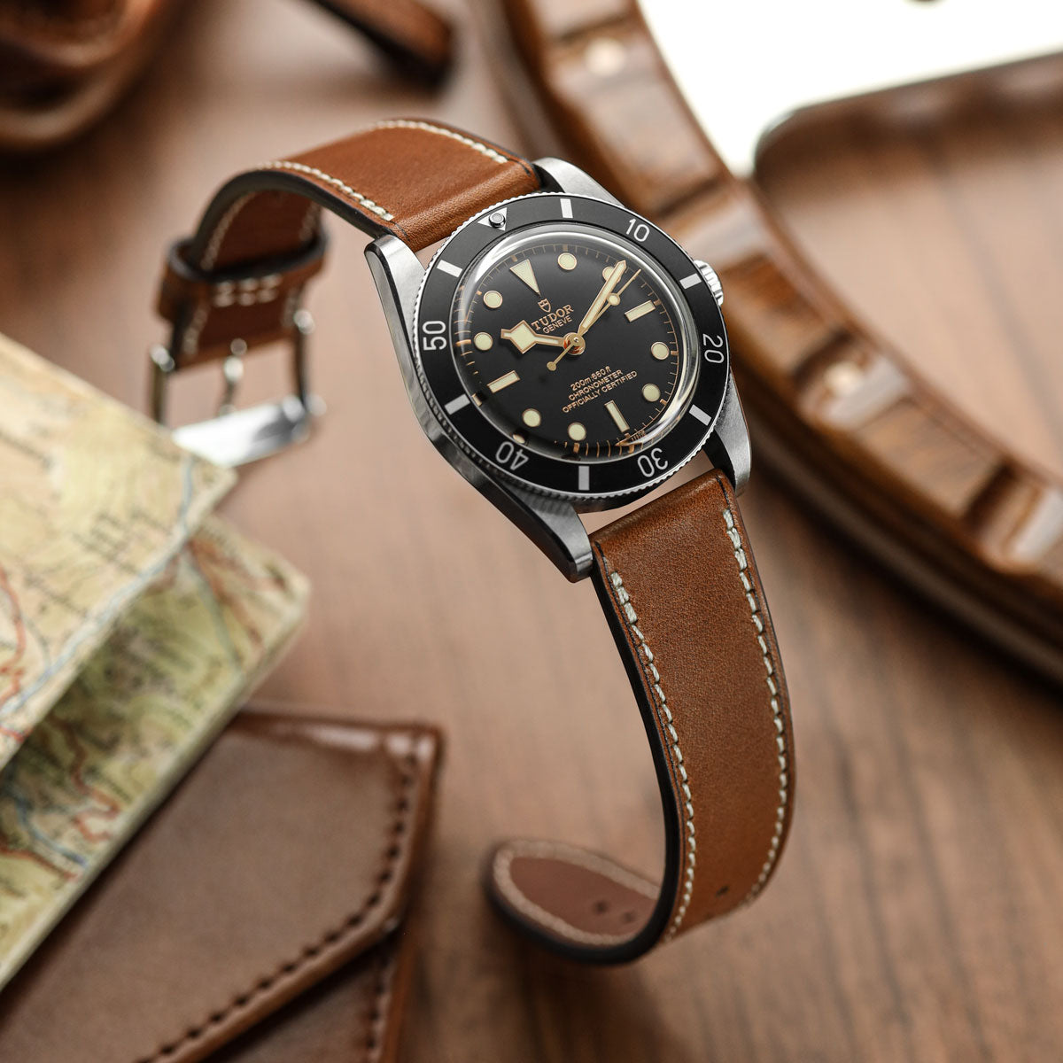 Camden Handmade and Handstitched French Leather Watch Strap - Cognac / White Stitching