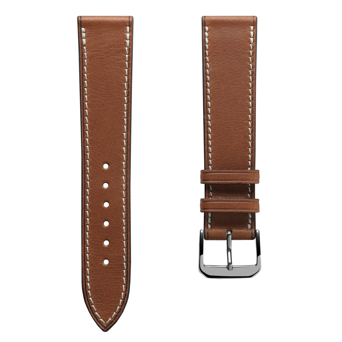 Camden Handmade and Handstitched French Leather Watch Strap - Cognac / White Stitching