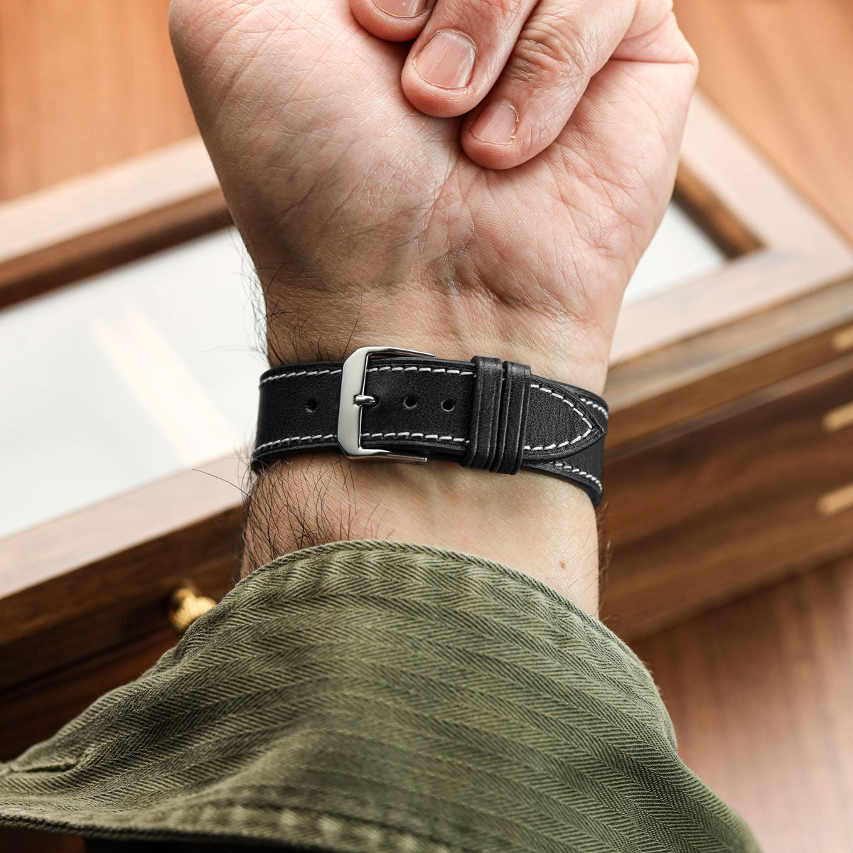 Camden Handmade and Handstitched French Leather Watch Strap - Black / White Stitching