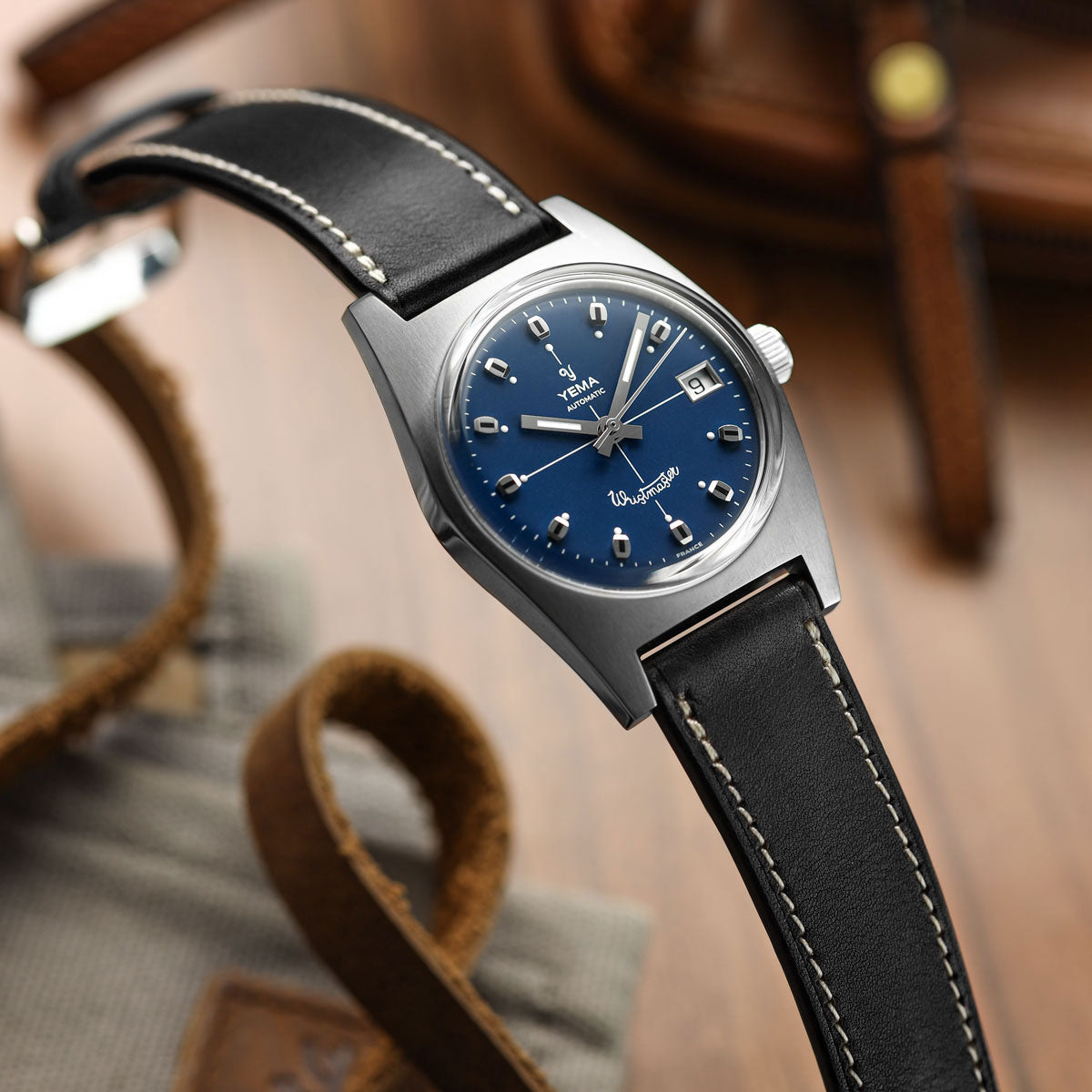 Camden Handmade and Handstitched French Leather Watch Strap - Black / White Stitching