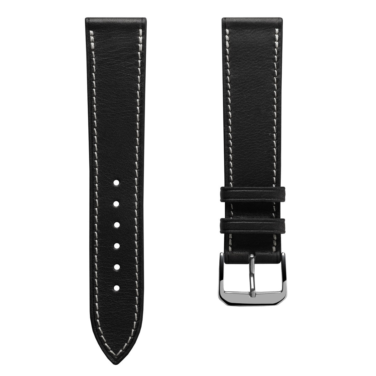 Camden Handmade and Handstitched French Leather Watch Strap - Black / White Stitching