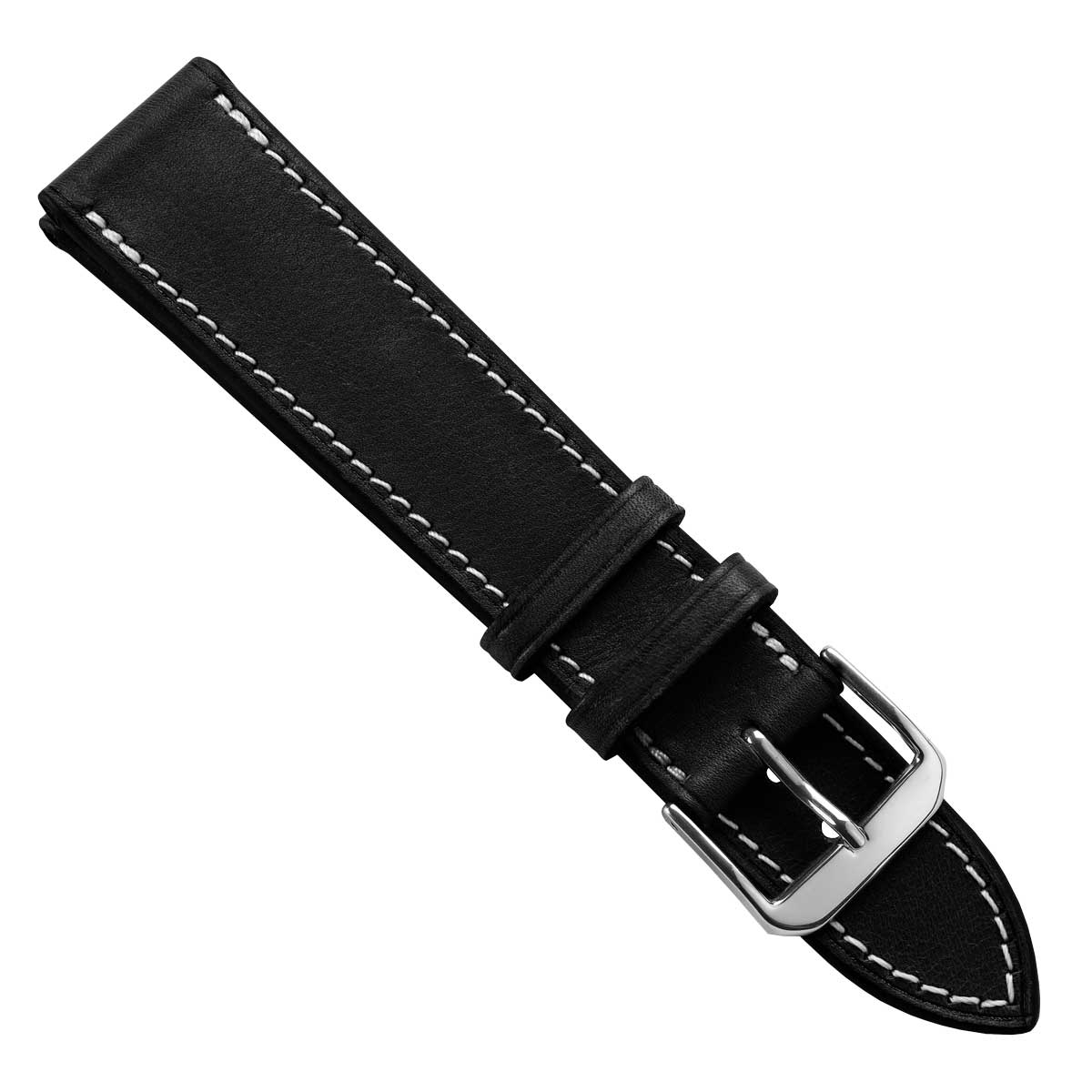 Camden Handmade and Handstitched French Leather Watch Strap - Black / White Stitching