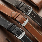 Camden Handmade and Handstitched French Leather Watch Strap - Cognac / White Stitching