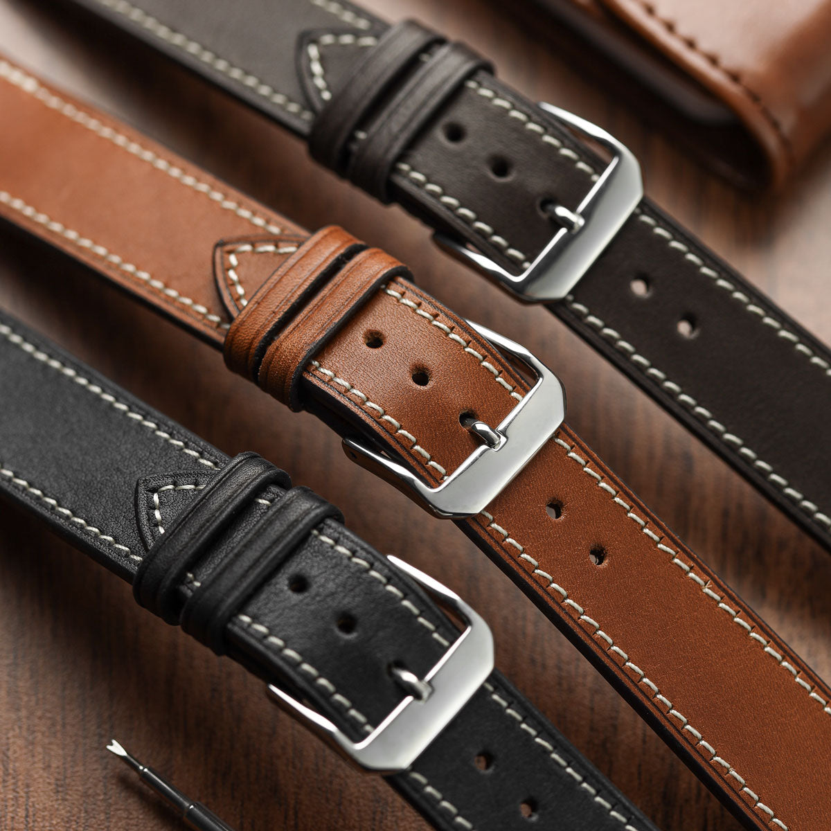 Camden Handmade and Handstitched French Leather Watch Strap - Black / White Stitching
