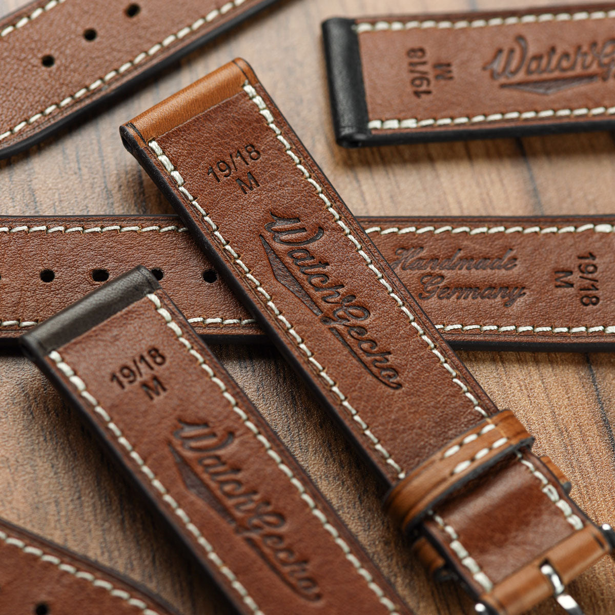 Camden Handmade and Handstitched French Leather Watch Strap - Black / White Stitching