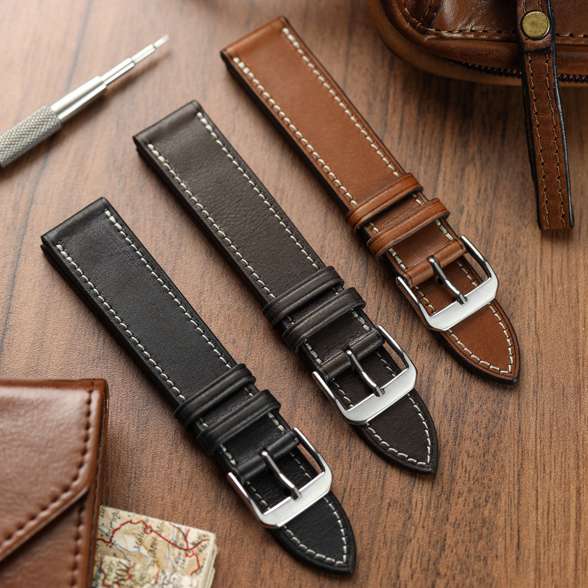 Camden Handmade and Handstitched French Leather Watch Strap - Mocha / White Stitching