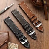 Camden Handmade and Handstitched French Leather Watch Strap - Mocha / White Stitching