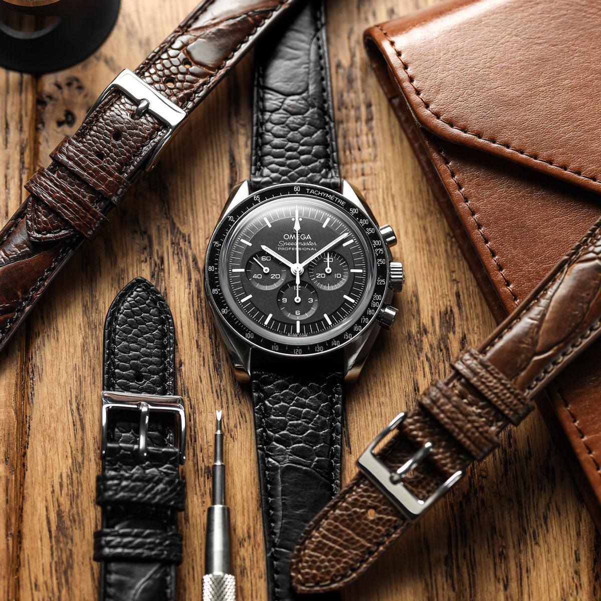 Ostrich Leg Leather Watch Strap - Brown on Omega Speedmaster