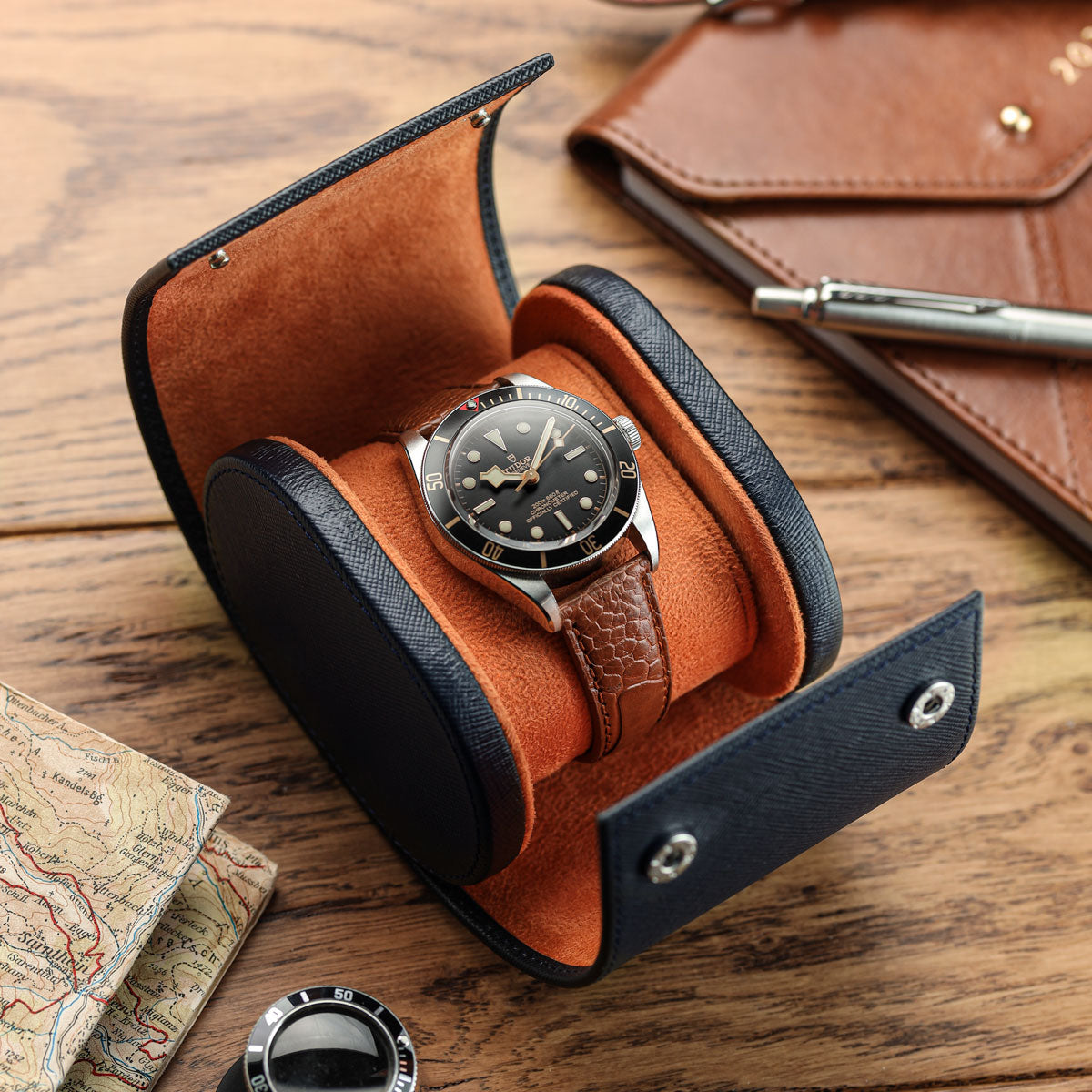 WatchGecko Single Leather Watch Case Navy Blue Orange WatchGecko