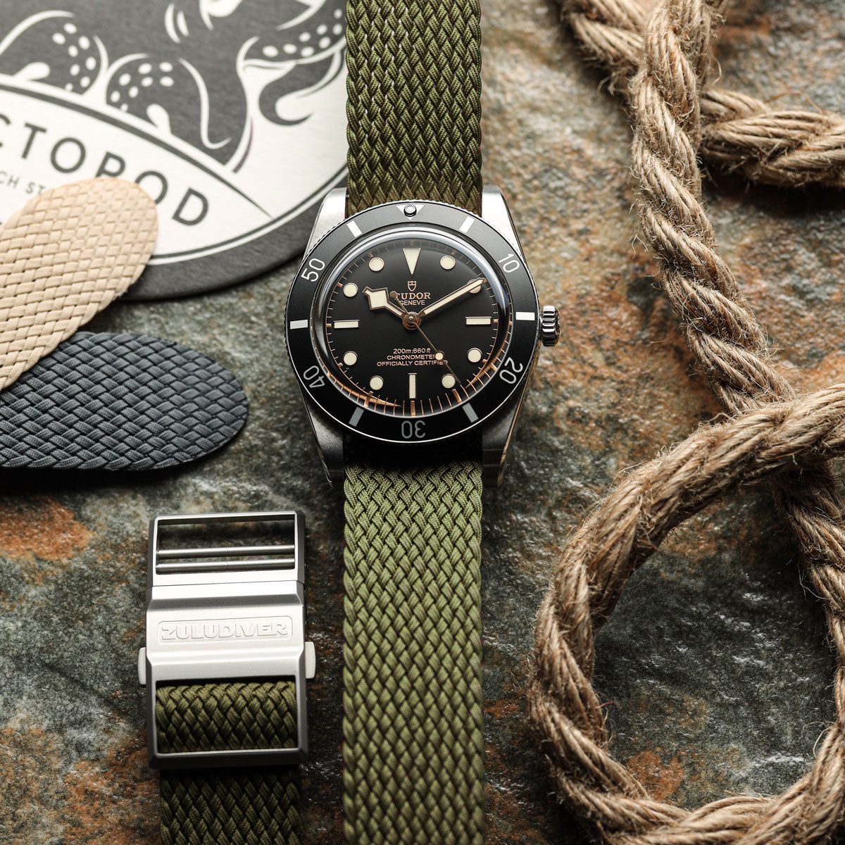 ZULUDIVER Perlon Nylon OctoPod Watch Strap - Army Green on Tudor Black Bay 58