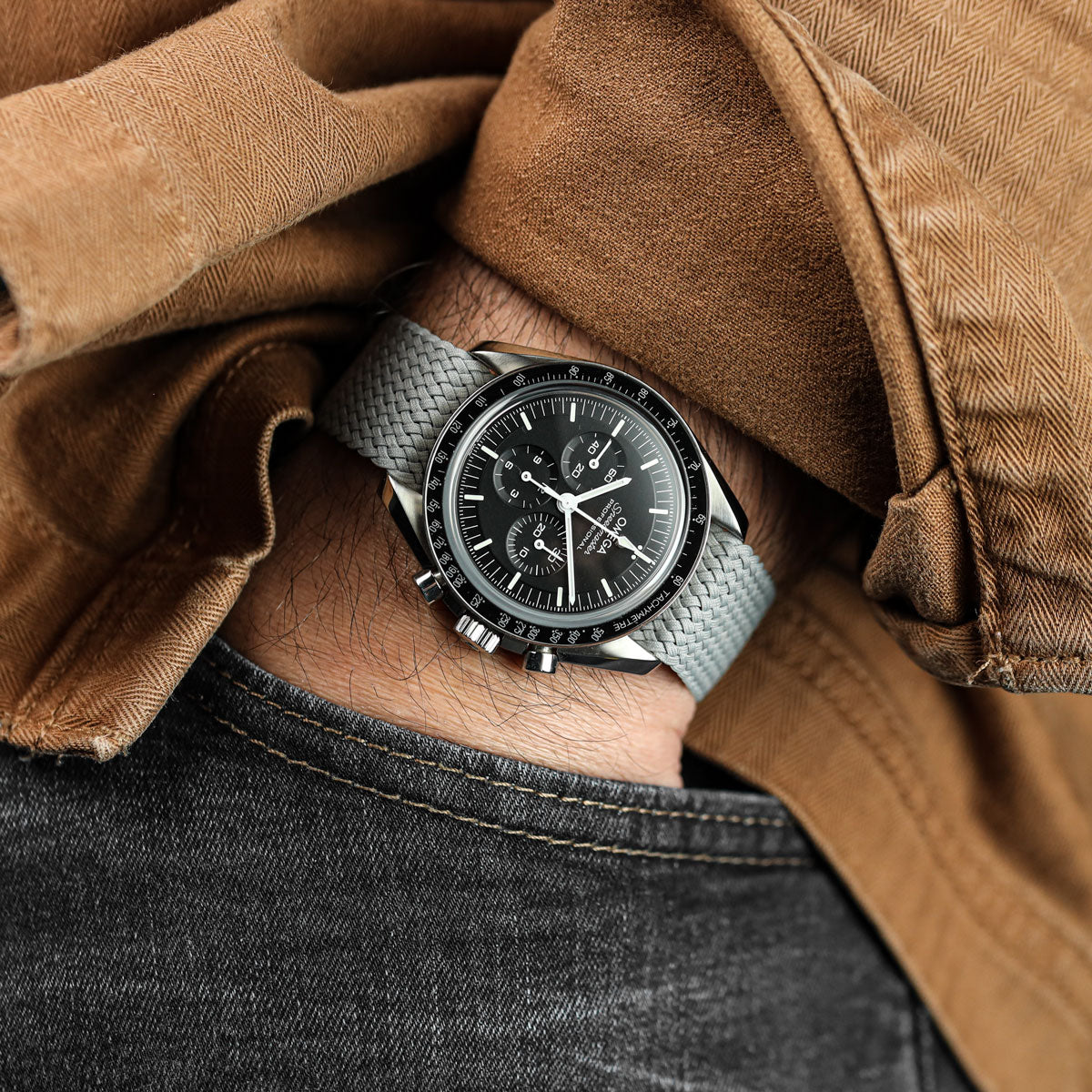ZULUDIVER Perlon Nylon OctoPod Watch Strap - Slate on Omega Speedmaster