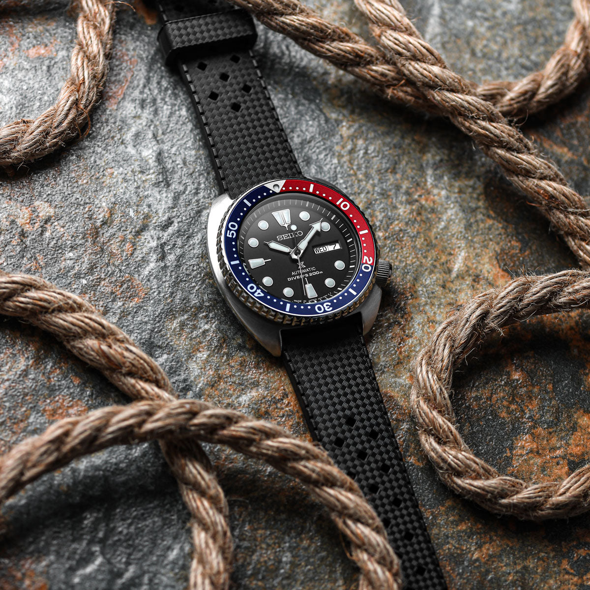Vintage Style Perforated Rubber Watch Strap - Black