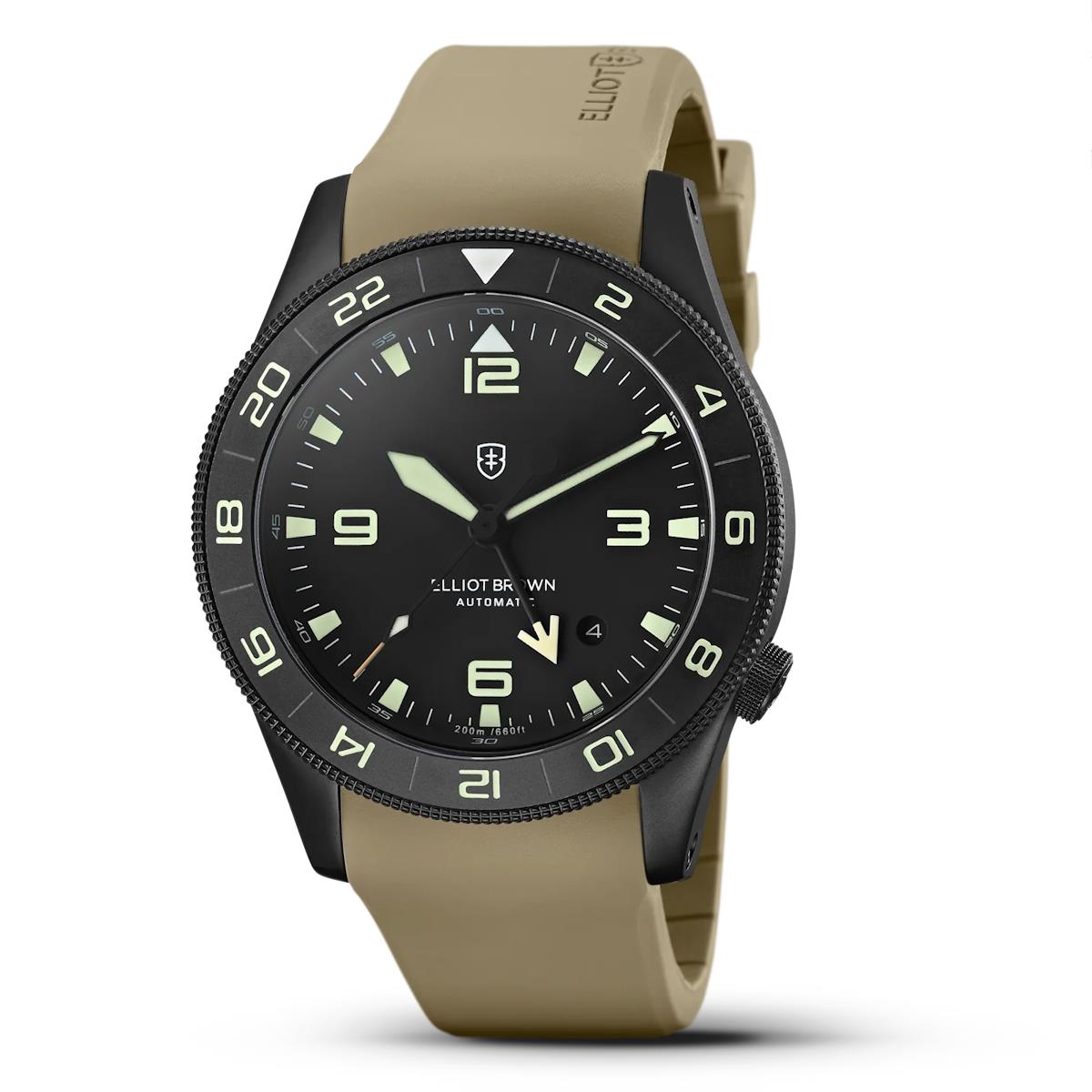 Elliot Brown Holton GMT Automatic - Gun Case, Black Dial, Flat Dark Earth Rubber Strap
