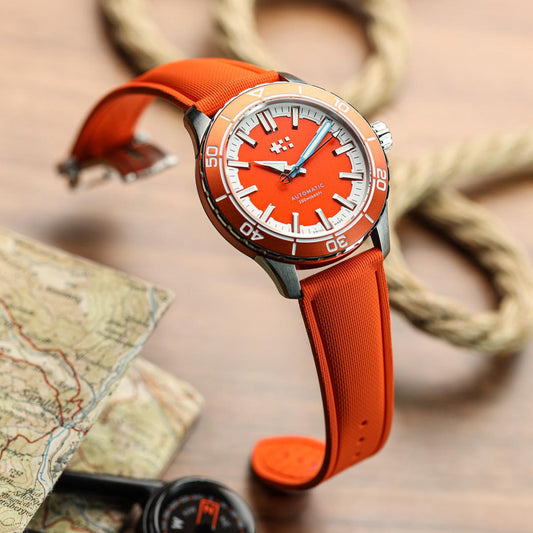 Endurance Rubber Deployant Watch Strap  - Flare Orange on Christopher Ward watch