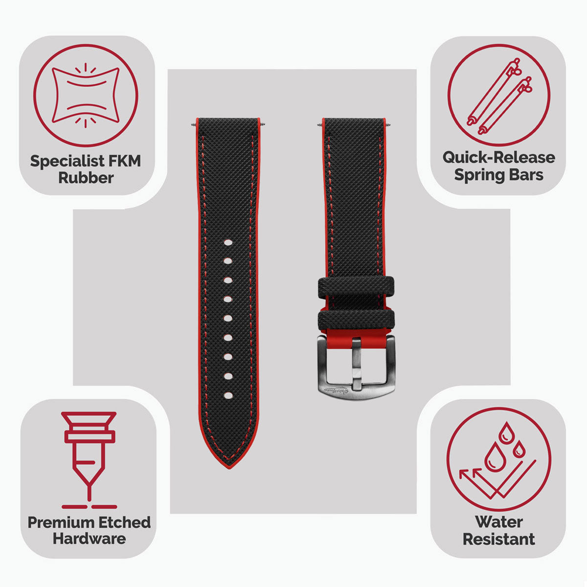 WatchGecko ChronoFlex Rubber Watch Strap - Black & Red