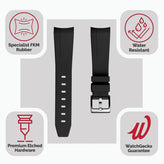 WatchGecko Curved Ends Black Rubber Watch Strap - Brushed Buckle