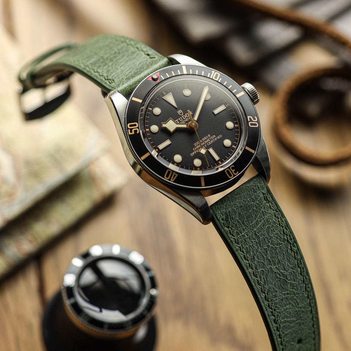 Ravello Tuscan Leather Watch Strap - Green on Tudor Black Bay 58