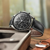 Lerano Tuscan Padded Leather Watch Strap - Black on Omega Speedmaster