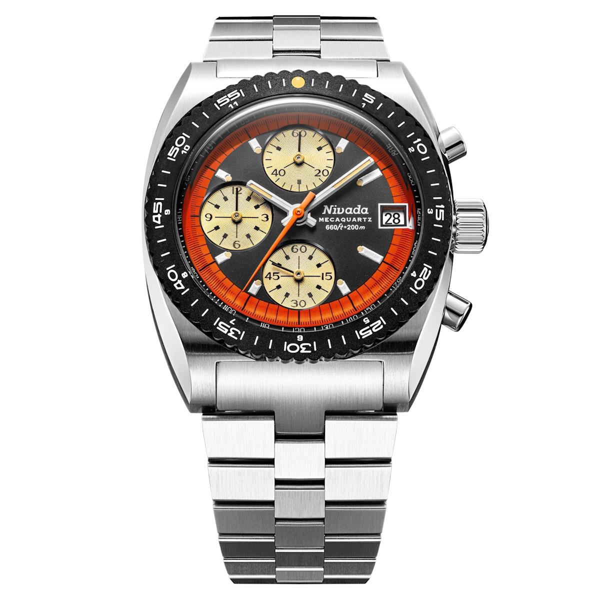 Nivada Grenchen Autochron Orange - ETA Valjoux 7750 Automatic - Black Racing Strap