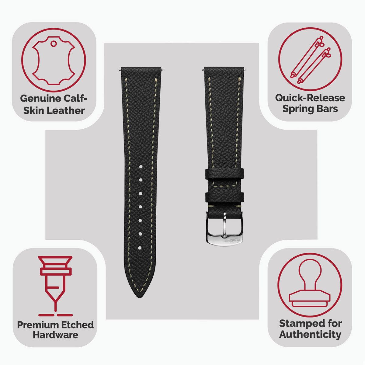 Hanley Textured Epsom Hand-Stitched Leather Watch Strap - Black