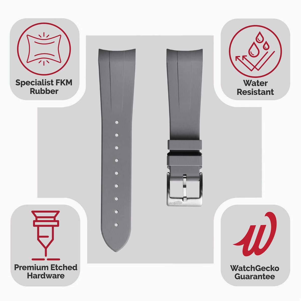 WatchGecko 41mm Tudor Black Bay Style Rubber Watch Strap -  Grey