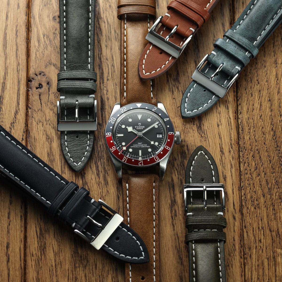 Ostend Thick Padded Leather Watch Strap Patina Blue Jeans