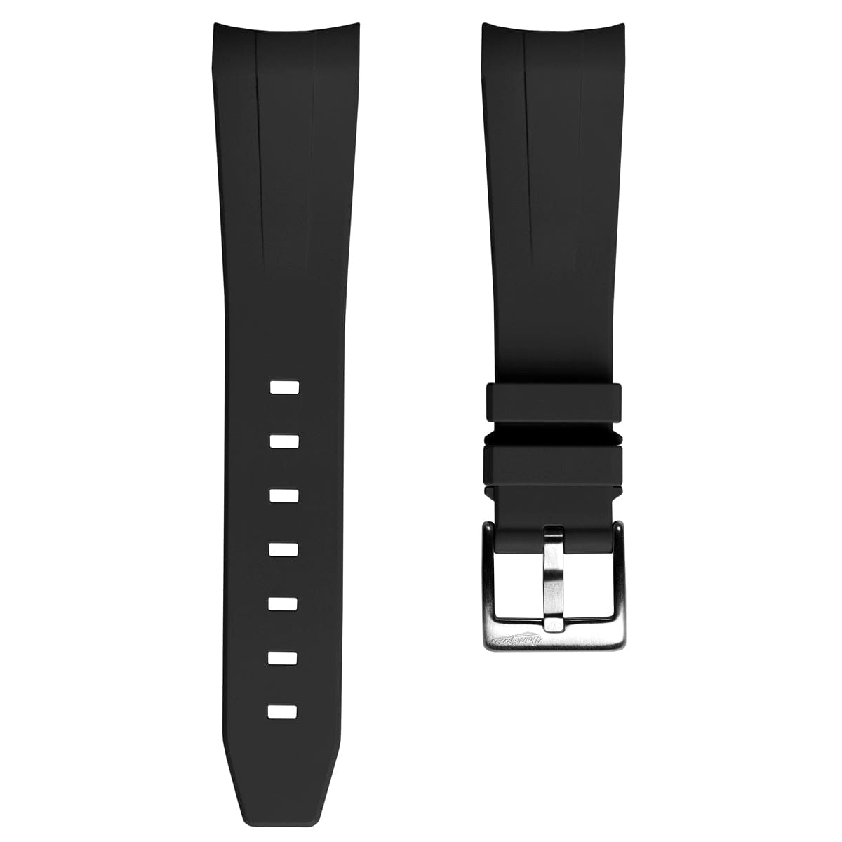 WatchGecko Curved Ends Black Rubber Watch Strap - Brushed Buckle