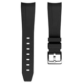 WatchGecko Curved Ends Black Rubber Watch Strap - Brushed Buckle