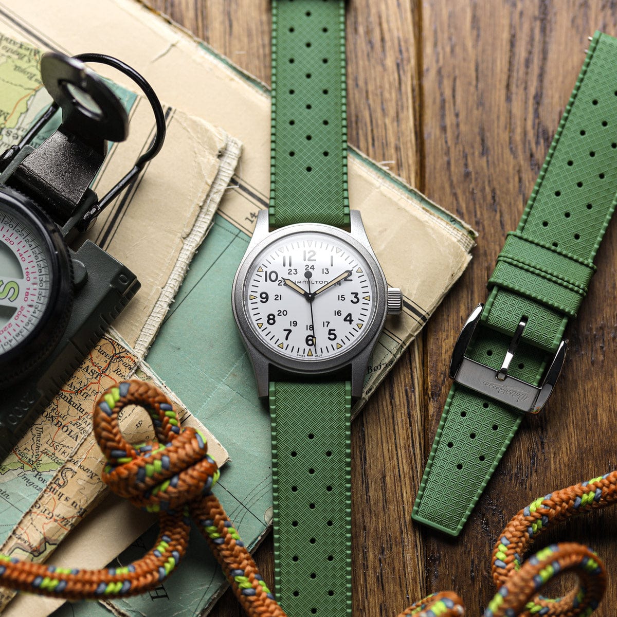 Vintage Style Perforated Rubber Watch Strap - Green
