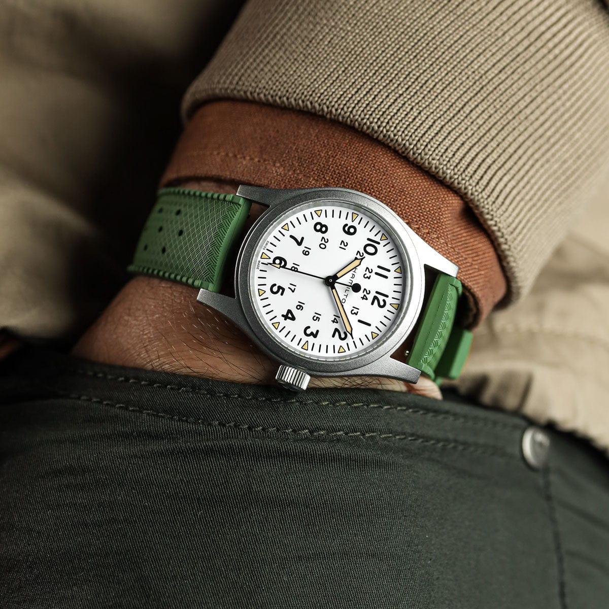 Vintage Style Perforated Rubber Watch Strap - Green