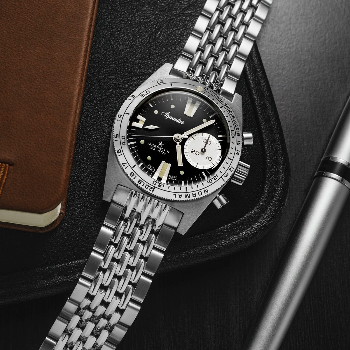 Aquastar Deepstar 39mm Chronograph Vintage Black Dial BOR Bracelet