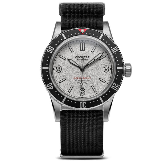 Geckota Ocean-Scout Dive Watch - Ice White - Black Nylon Strap