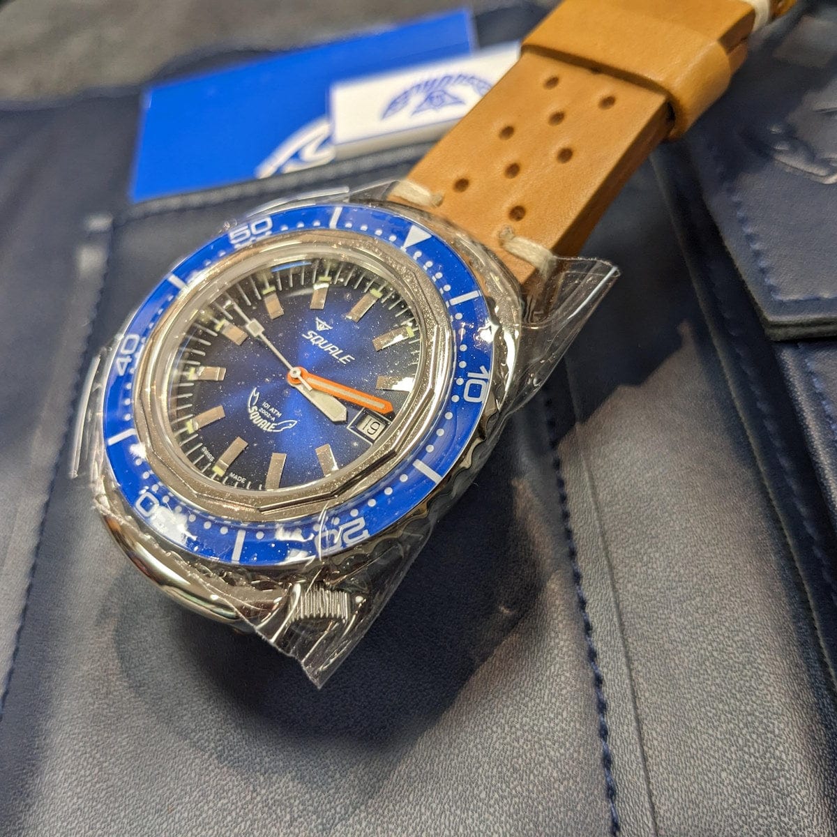 Squale 2002, Polished Case, Blue Sapphire Bezel, Blue Dial, Tan Leather - NEARLY NEW