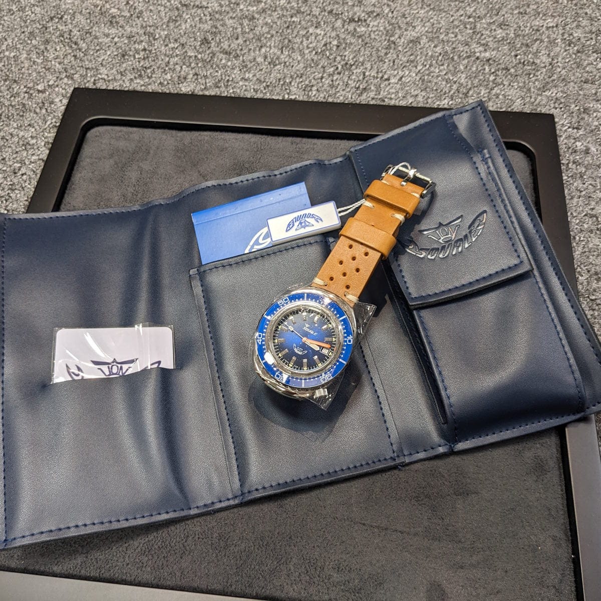 Squale 2002, Polished Case, Blue Sapphire Bezel, Blue Dial, Tan Leather - NEARLY NEW