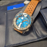 Squale Matic Swiss Diver's Watch - Brown Leather Strap - Light Blue - NEARLY NEW