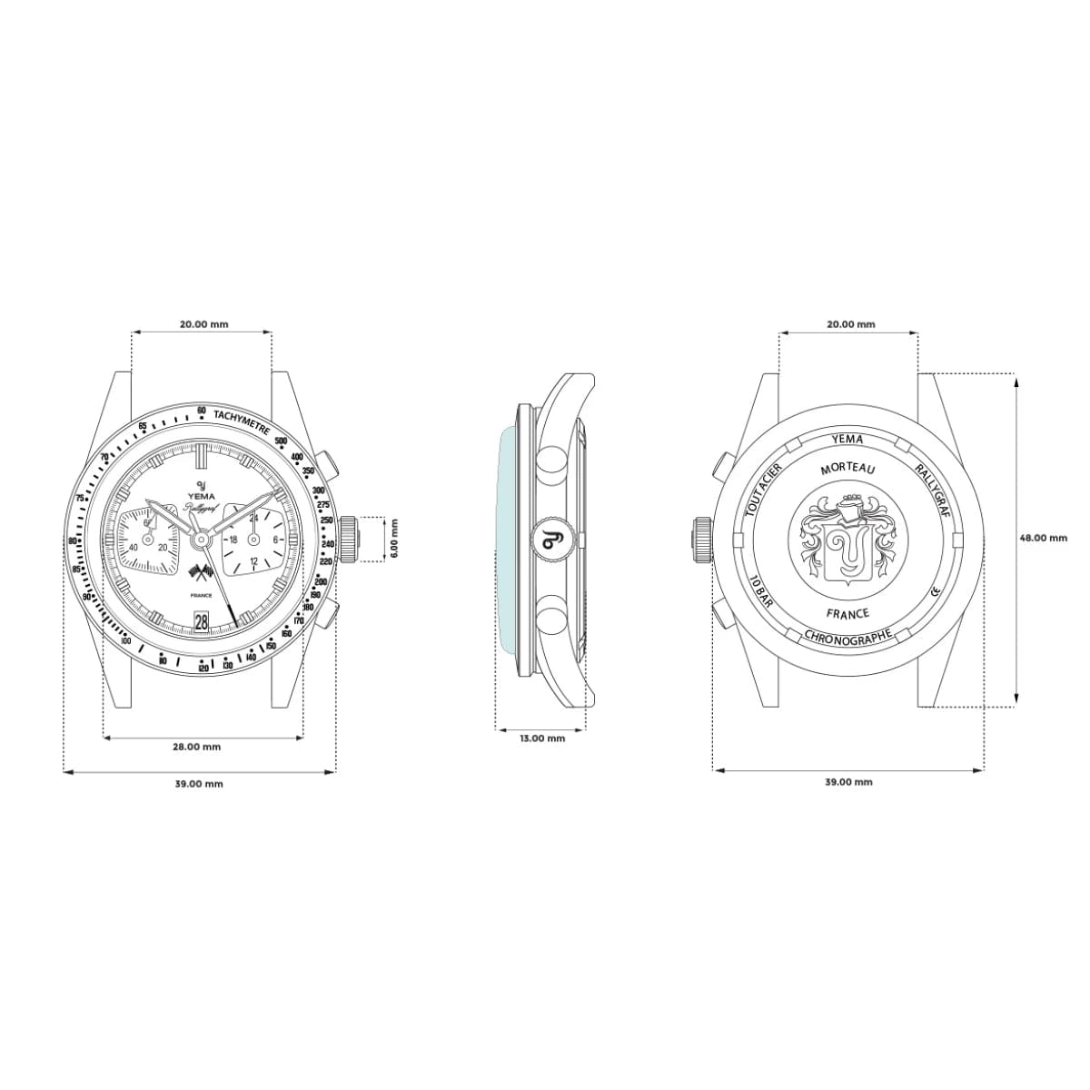 Yema Rallygraf Blue Tarmac Chronograph Watch - Blue and White Dial - 39mm YMHF1572-GM Technical Drawing