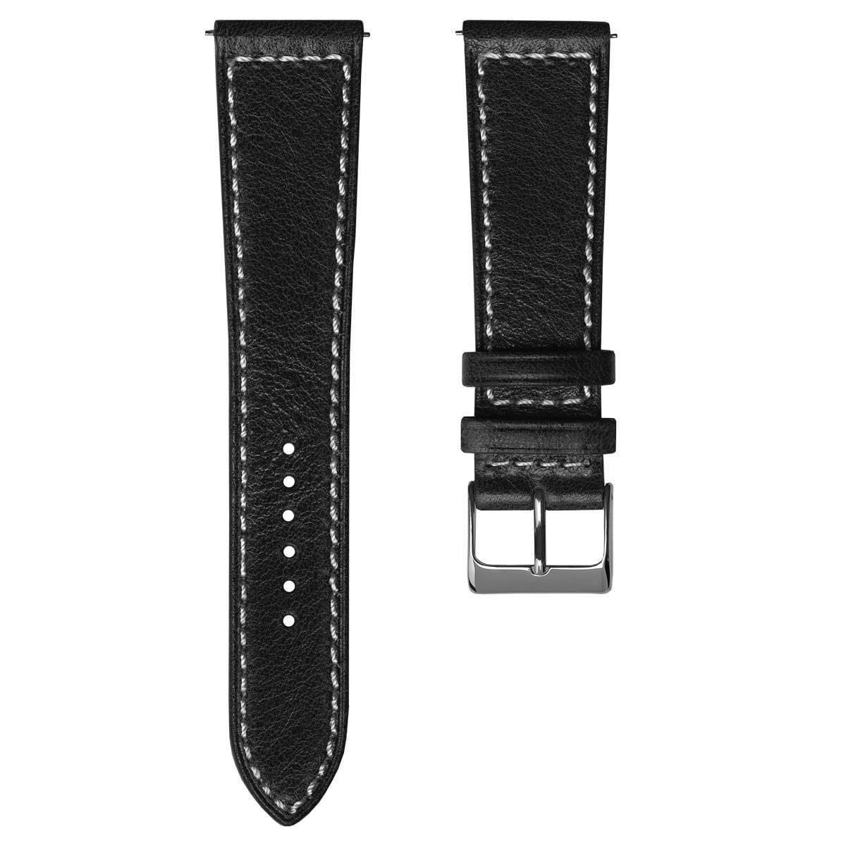 Dulas Vintage Leather Quick Release Watch Strap - Black / White Stitch