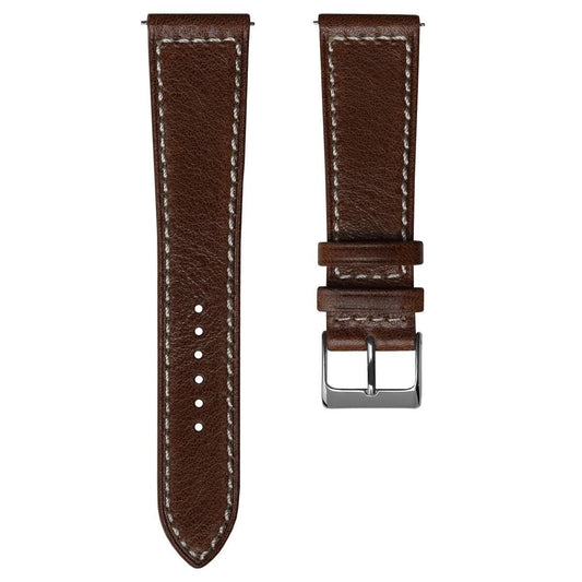 Dulas Vintage Genuine Leather Quick Release Dress Watch Strap - Brown / White Stitch