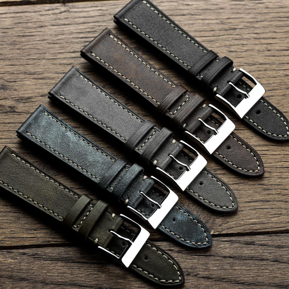Rochefort Flat Patina Calf Leather Watch Strap - Blue Jeans