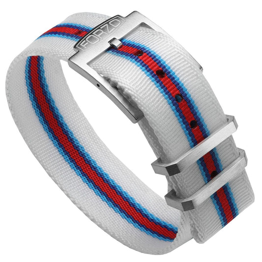 FORZO Racing Single-Pass Nylon Watch Strap - White with Racing Stripes