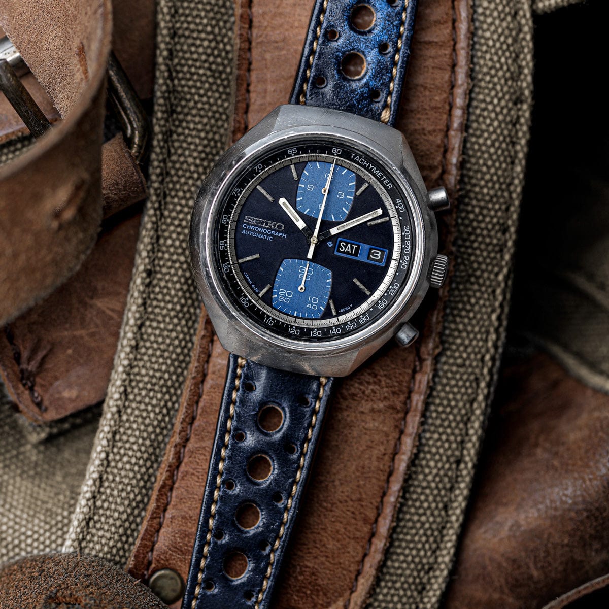 Radstock Racing Style Genuine Leather Watch Strap - Vintage Blue