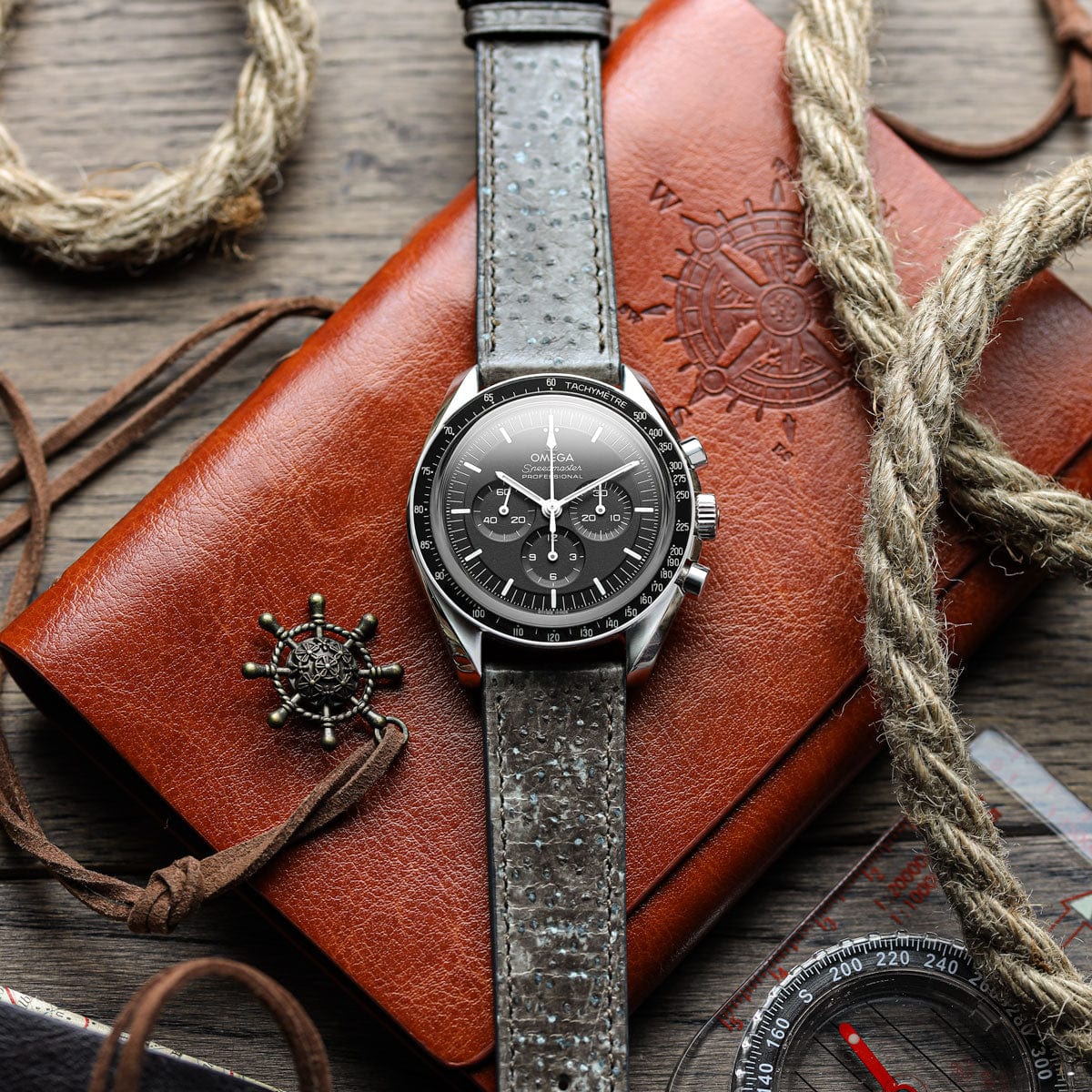 Sea Wolf Flat Leather Watch Strap - Ocean Grey