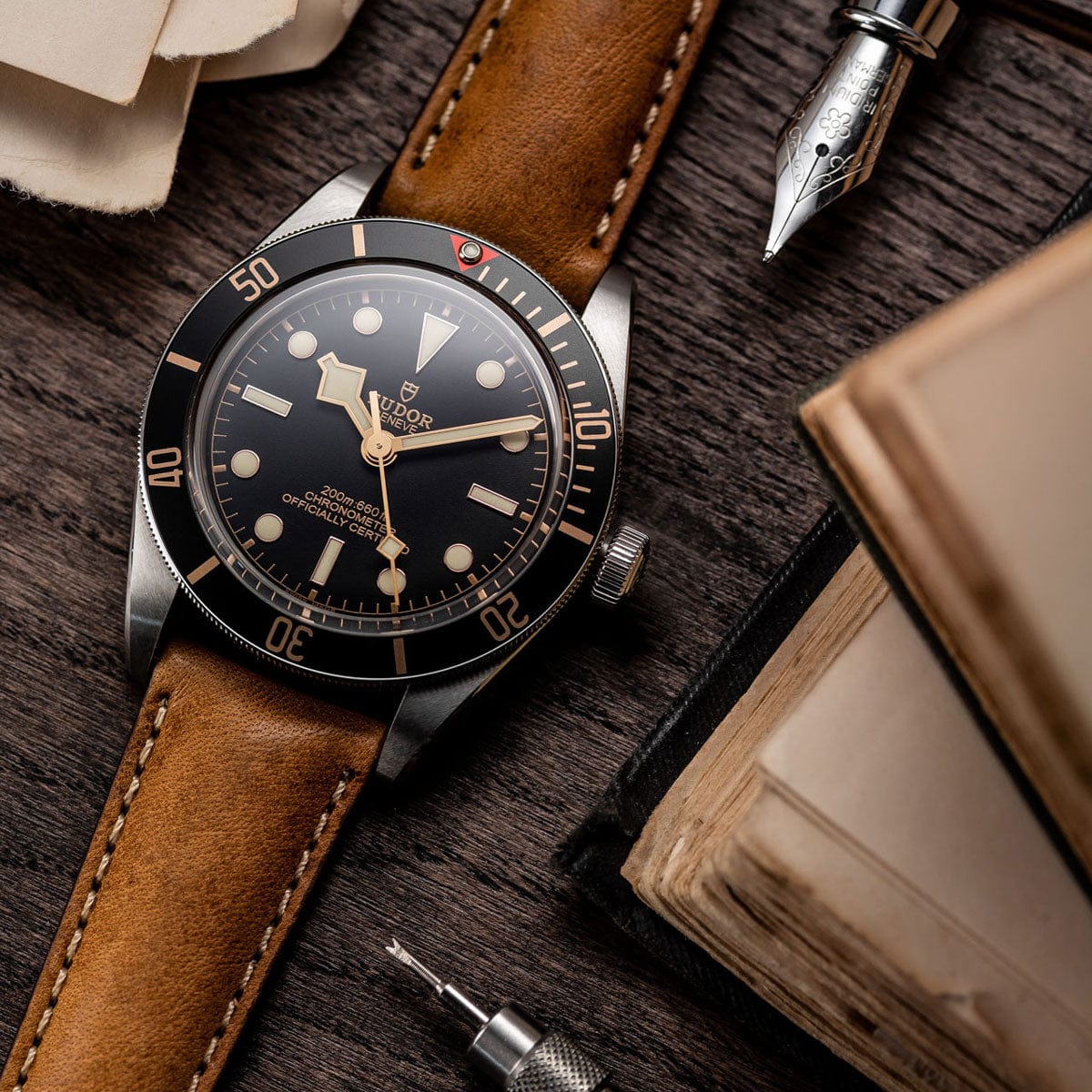 Light Brown Genuine Leather Watch Strap On Tudor Watch