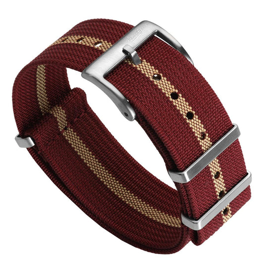 WatchGecko Ridge Military Nylon Watch Strap - Burgundy Red & Beige Stripe