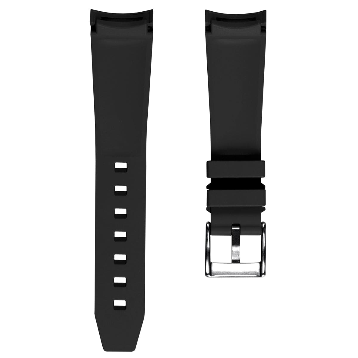 WatchGecko Curved Ends Black Rubber Watch Strap - Brushed Buckle