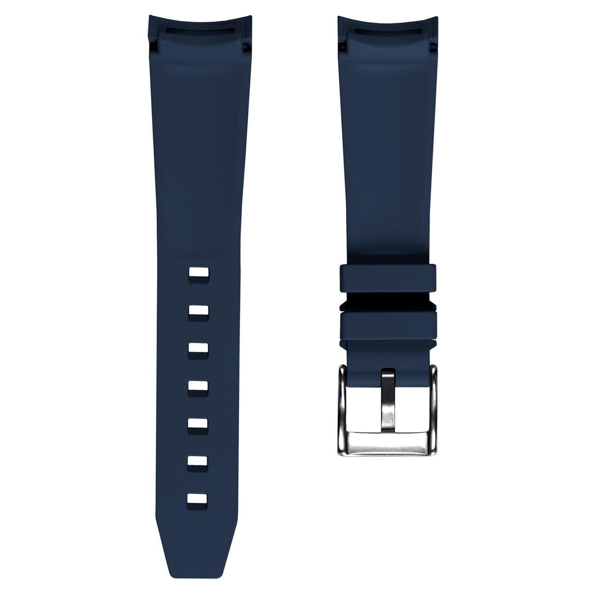 WatchGecko Curved Ends Blue Rubber Watch Strap - Brushed Buckle